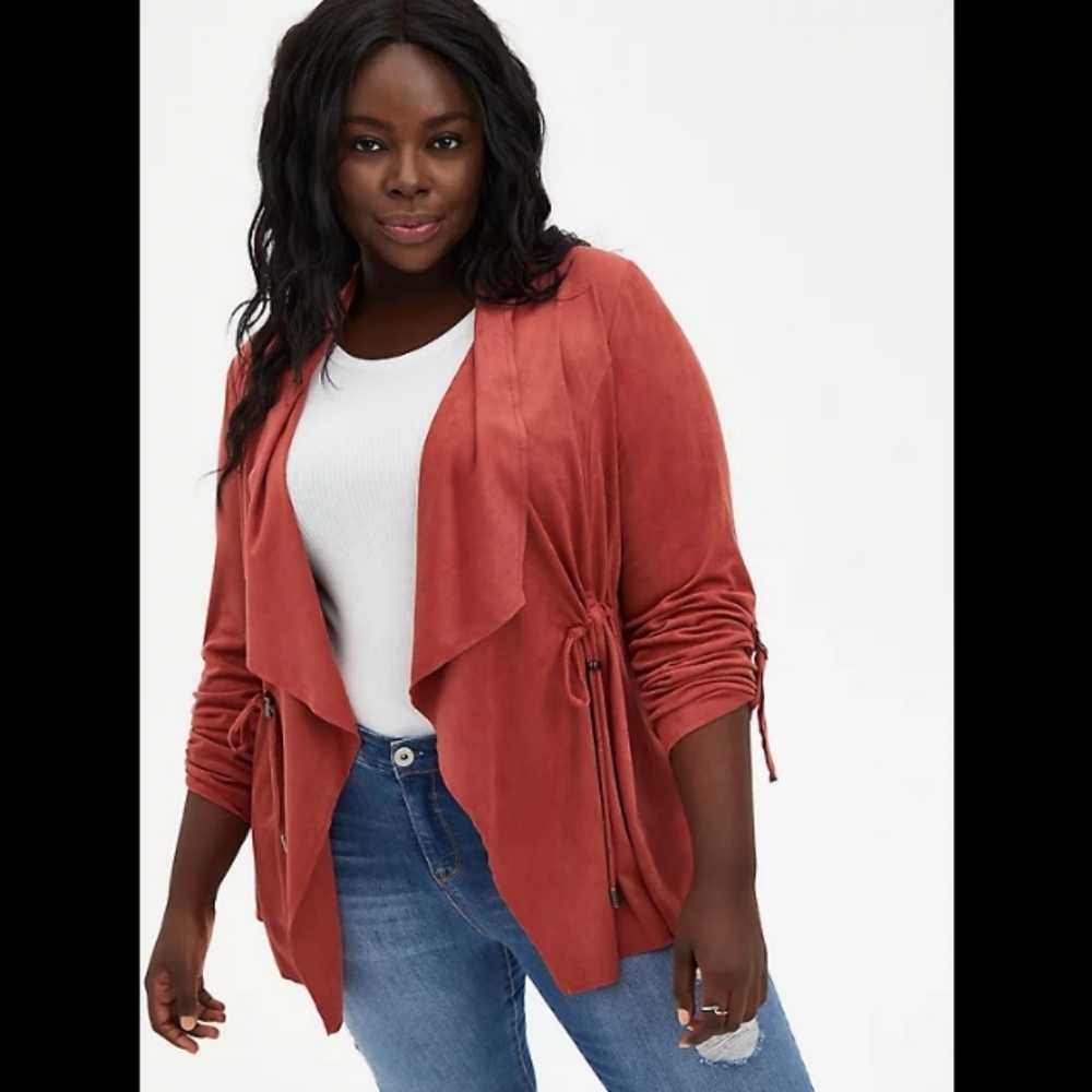 Torrid 4X Marsala Red Faux Suede Drape Front Jacket
